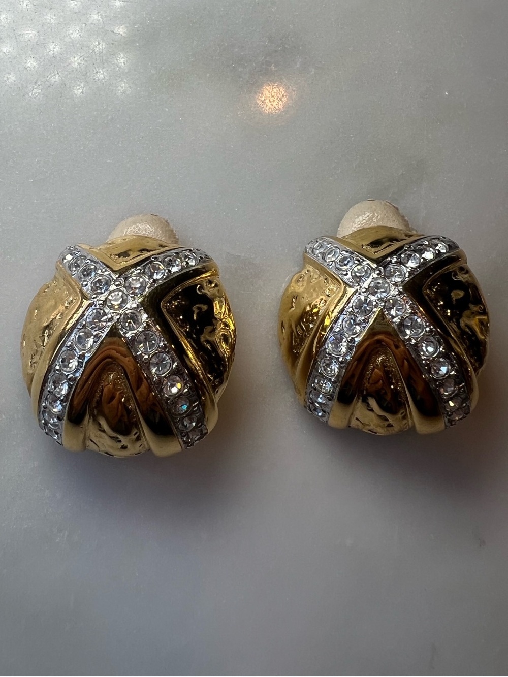 Vintage Essex Gold Tone Rhinestone Dome Clip On Earrings | Sculptural Statement - Picture 3 of 6